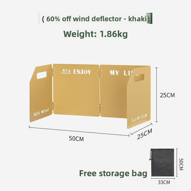 khaki Heavy-Duty 4-Fold Camping Stove Windshield Portable Steel Wind Deflector for Outdoor Cooking and Picnics with Storage Bag.