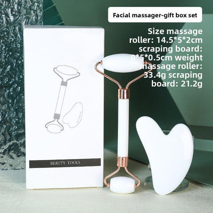 White Dual-Head Resin Facial Roller and Heart-Shaped Gua Sha Set for Home SPA Skincare and Face Neck Massage.