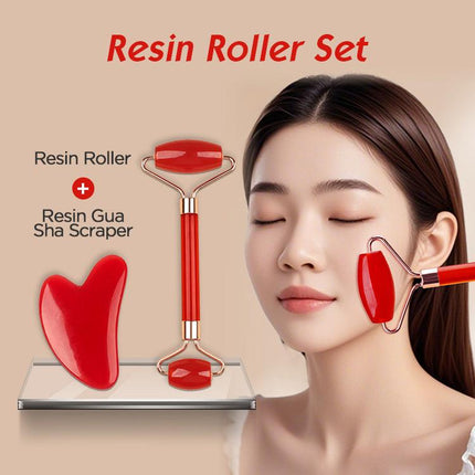 White Dual-Head Resin Facial Roller and Heart-Shaped Gua Sha Set for Home SPA Skincare and Face Neck Massage.