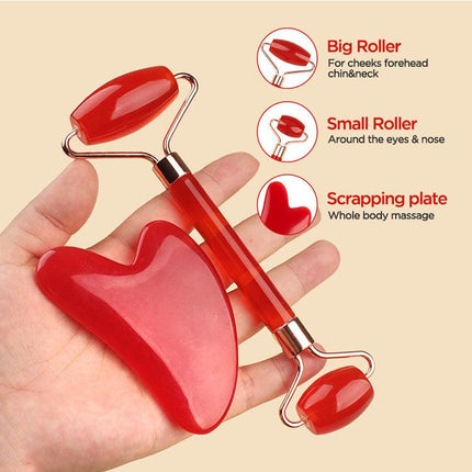 White Dual-Head Resin Facial Roller and Heart-Shaped Gua Sha Set for Home SPA Skincare and Face Neck Massage.