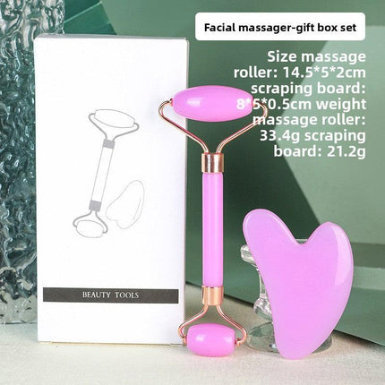 Purple Dual-Head Resin Facial Roller and Heart-Shaped Gua Sha Set for Home SPA Skincare and Face Neck Massage.