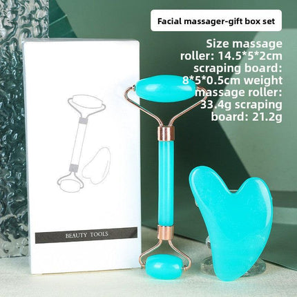 Light blue Dual-Head Resin Facial Roller and Heart-Shaped Gua Sha Set for Home SPA Skincare and Face Neck Massage.