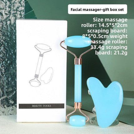 Blue Dual-Head Resin Facial Roller and Heart-Shaped Gua Sha Set for Home SPA Skincare and Face Neck Massage.