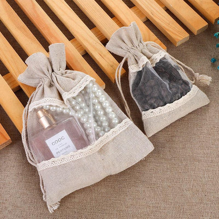 Brownish-gray 10 Pack Linen Canvas Drawstring Gift Bags with Lace Trim and Mesh Window 10x14cm Elegant Pouches for Jewelry Wedding Favours and Sachets.