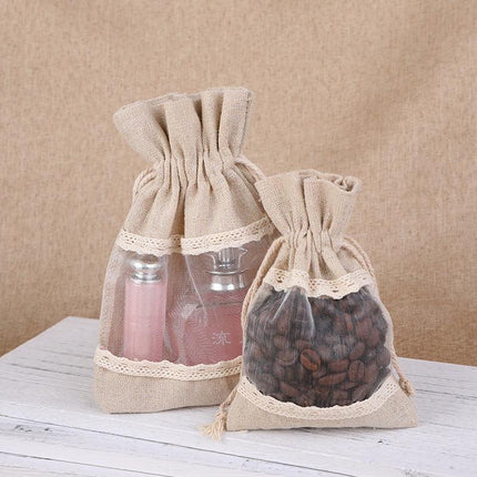 Brownish-gray 10 Pack Linen Canvas Drawstring Gift Bags with Lace Trim and Mesh Window 10x14cm Elegant Pouches for Jewelry Wedding Favours and Sachets.