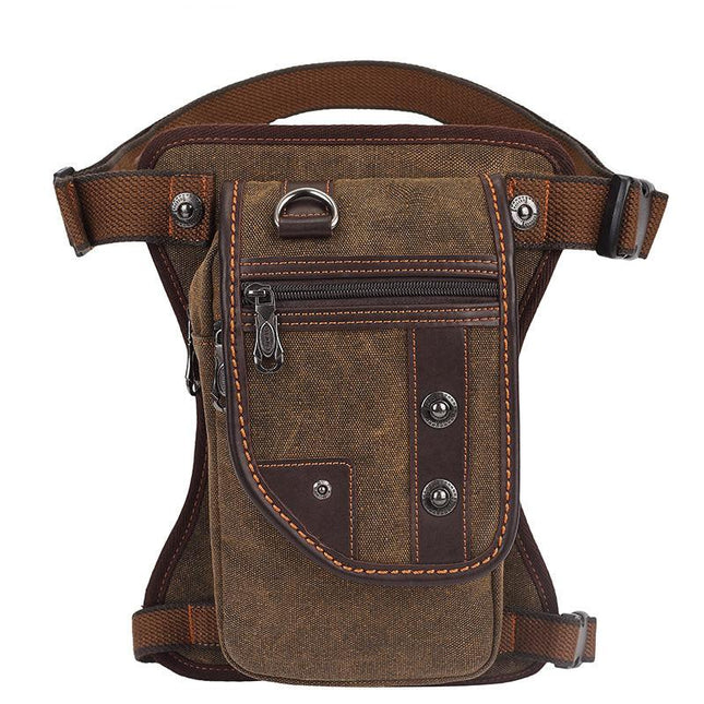 Bronze-colored Men's Vintage Canvas Drop Leg Bag Tactical Multi-Purpose Thigh Pack for Outdoor Hiking and Motorcycle Riding in Australia.