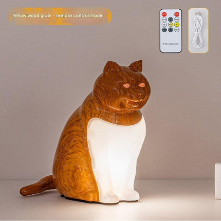 Yellow wood grain Lucky Cat Rechargeable Desk Lamp with Sound and Aromatherapy Function Remote Control Eye Care Night Light for Local Home Bedroom and Modern Living Areas.