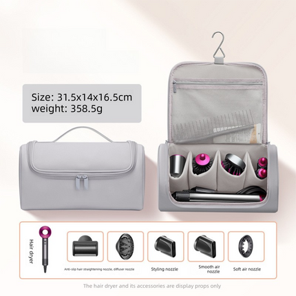 Grey Portable Hair Dryer and Curler Storage Bag Waterproof PU Leather Travel Case with Hanging Hook for Local Professionals and Modern Lifestyles.