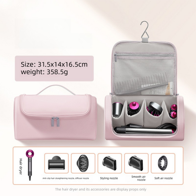Pink Portable Hair Dryer and Curler Storage Bag Waterproof PU Leather Travel Case with Hanging Hook for Local Professionals and Modern Lifestyles.