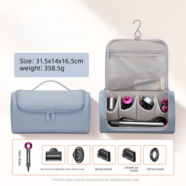 Blue Portable Hair Dryer and Curler Storage Bag Waterproof PU Leather Travel Case with Hanging Hook for Local Professionals and Modern Lifestyles.