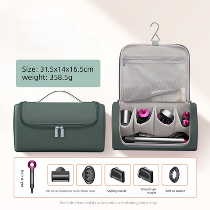 Green Portable Hair Dryer and Curler Storage Bag Waterproof PU Leather Travel Case with Hanging Hook for Local Professionals and Modern Lifestyles.