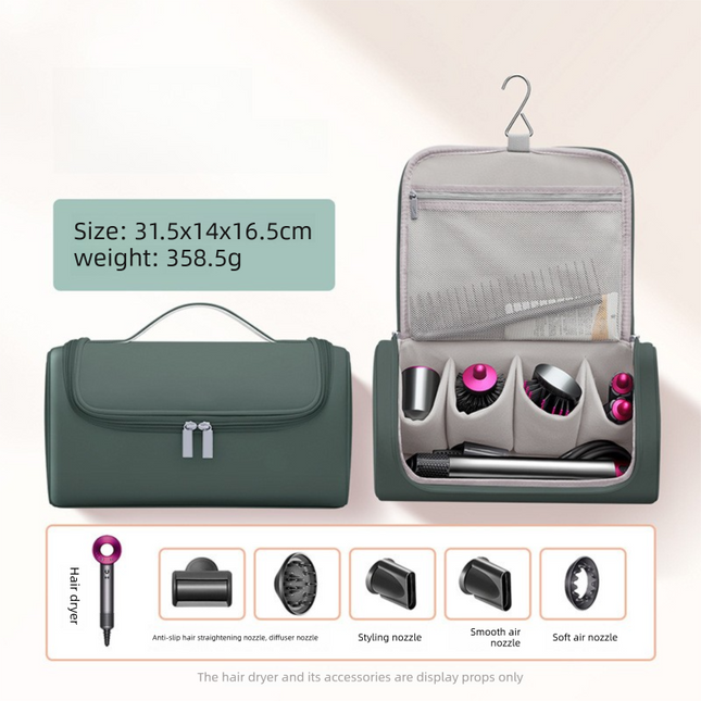 Green Portable Hair Dryer and Curler Storage Bag Waterproof PU Leather Travel Case with Hanging Hook for Local Professionals and Modern Lifestyles.