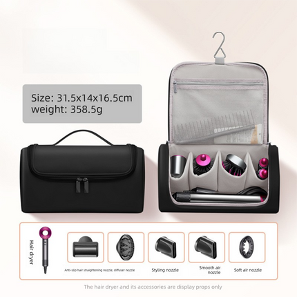 Black Portable Hair Dryer and Curler Storage Bag Waterproof PU Leather Travel Case with Hanging Hook for Local Professionals and Modern Lifestyles.