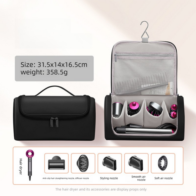 Black Portable Hair Dryer and Curler Storage Bag Waterproof PU Leather Travel Case with Hanging Hook for Local Professionals and Modern Lifestyles.