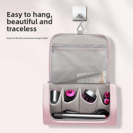 Black Portable Hair Dryer and Curler Storage Bag Waterproof PU Leather Travel Case with Hanging Hook for Local Professionals and Modern Lifestyles.