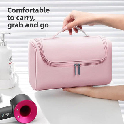 Black Portable Hair Dryer and Curler Storage Bag Waterproof PU Leather Travel Case with Hanging Hook for Local Professionals and Modern Lifestyles.