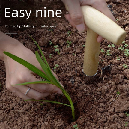 2 Pack Gardening Dibber with T-Shaped Wooden Handle Chrome Tip Seed Sower and Transplanting Tool with Measurement Scale for Local Garden Maintenance.