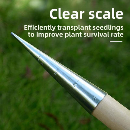 2 Pack Gardening Dibber with T-Shaped Wooden Handle Chrome Tip Seed Sower and Transplanting Tool with Measurement Scale for Local Garden Maintenance.