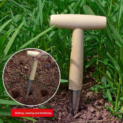 2 Pack Gardening Dibber with T-Shaped Wooden Handle Chrome Tip Seed Sower and Transplanting Tool with Measurement Scale for Local Garden Maintenance.