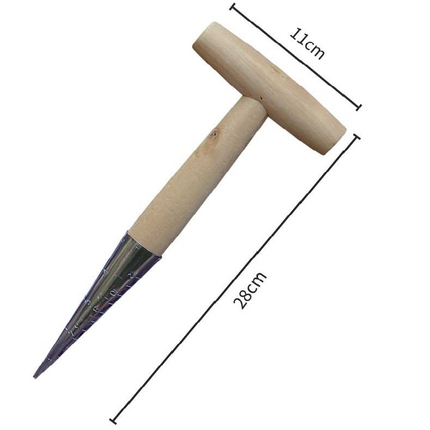 2 Pack Gardening Dibber with T-Shaped Wooden Handle Chrome Tip Seed Sower and Transplanting Tool with Measurement Scale for Local Garden Maintenance.