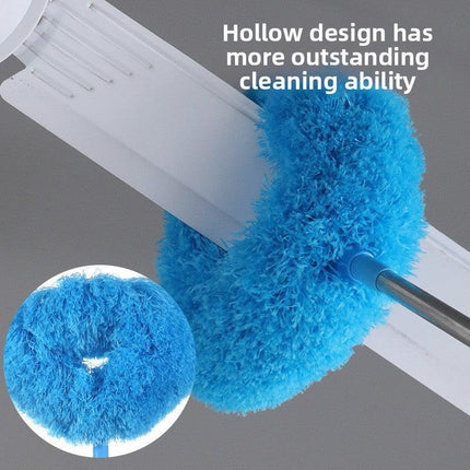 Light blue Long Handle Ceiling Fan Duster with Hollow Microfiber Head and Extendable Stainless Steel Pole for High Reach Home Cleaning Efficiency.
