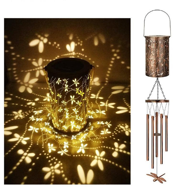 Dragonfly Solar Wind Chime Lantern with Iron Art Projection Waterproof Decorative Light for Garden and Local Home Landscapes Elegant Outdoor Illumination Solution.