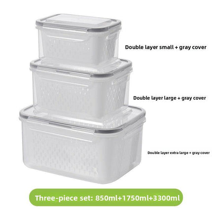 Grey 3-Piece Refrigerator Food Storage Container Set with Drain Basket and Airtight Lid 850ml 1750ml 3300ml Stackable Produce Saver for Local Homes.