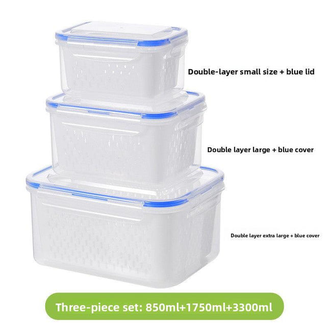 Blue 3-Piece Refrigerator Food Storage Container Set with Drain Basket and Airtight Lid 850ml 1750ml 3300ml Stackable Produce Saver for Local Homes.