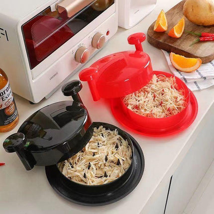 Black Manual Meat Shredder with Spiked Interior for Quick Chicken Separation Professional Rotating Tool for Local Home Kitchens Effortless Meal Prep Solution.