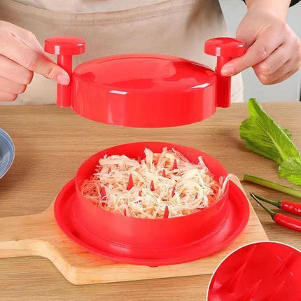 Red Manual Meat Shredder with Spiked Interior for Quick Chicken Separation Professional Rotating Tool for Local Home Kitchens Effortless Meal Prep Solution.
