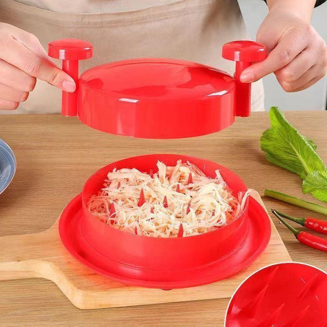 Red Manual Meat Shredder with Spiked Interior for Quick Chicken Separation Professional Rotating Tool for Local Home Kitchens Effortless Meal Prep Solution.