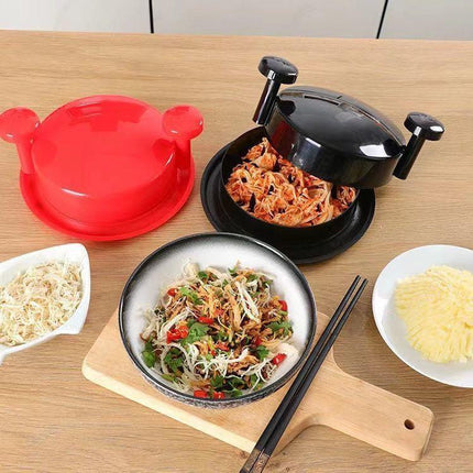 Red Manual Meat Shredder with Spiked Interior for Quick Chicken Separation Professional Rotating Tool for Local Home Kitchens Effortless Meal Prep Solution.