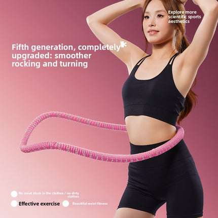 Pink Weighted Soft Spring Hula Hoop with Silent Alloy Interior and Polyester Wrap for Home Gym Full Body Fitness and Abdominal Training Solution.