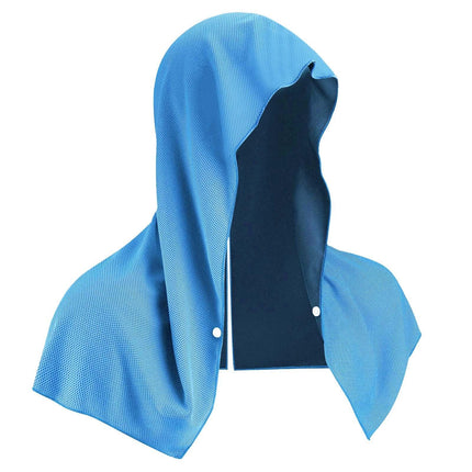 Light blue Instant Cooling Hooded Towel U-Shaped Sun Protection Quick Dry Scarf with Carabiner Pouch for Local Outdoor Sports and Gym Workouts.