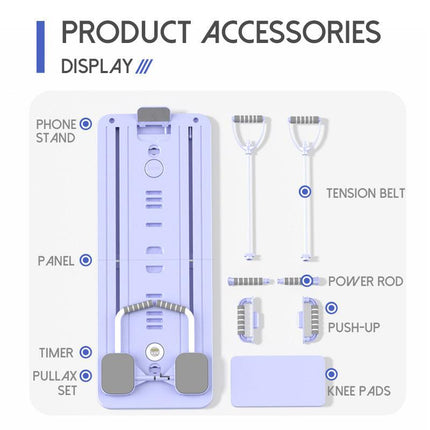Purple Multi-functional Core Training Board with Digital Timer and Resistance Bands Foldable Fitness Panel for Home Abdominal and Pilates Workouts Solution.