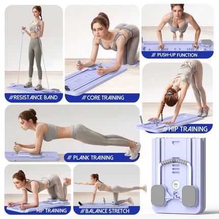 Purple Multi-functional Core Training Board with Digital Timer and Resistance Bands Foldable Fitness Panel for Home Abdominal and Pilates Workouts Solution.