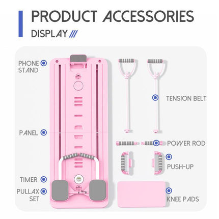 Pink Multi-functional Core Training Board with Digital Timer and Resistance Bands Foldable Fitness Panel for Home Abdominal and Pilates Workouts Solution.