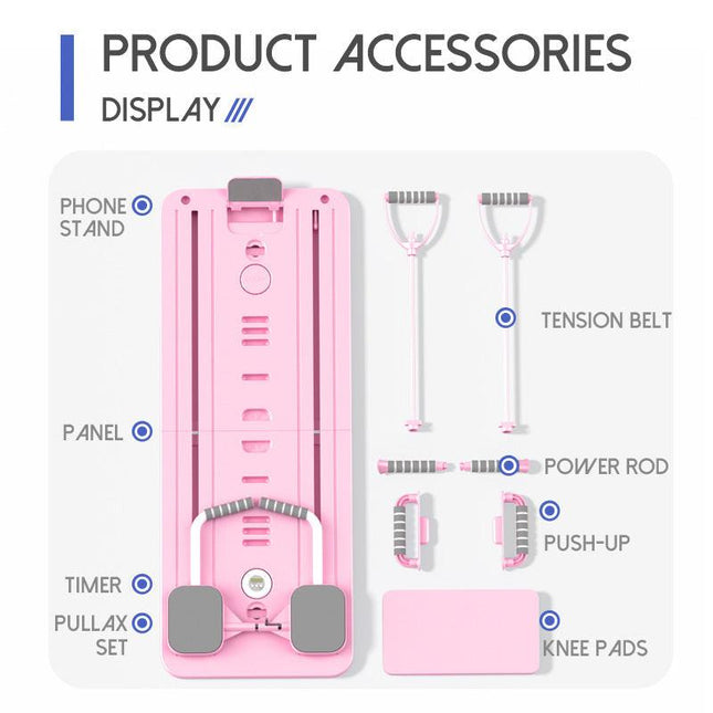 Pink Multi-functional Core Training Board with Digital Timer and Resistance Bands Foldable Fitness Panel for Home Abdominal and Pilates Workouts Solution.