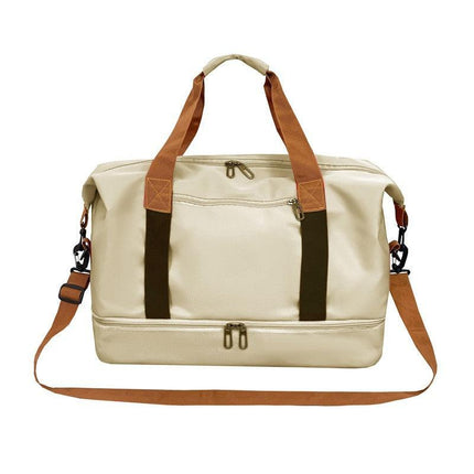 khaki Large Capacity Travel Duffel Bag for Women with Yoga Mat Holder and Shoe Compartment Water Resistant Weekend Bag Ideal for Local Gym and Travel Use.