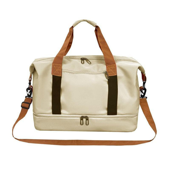 khaki Large Capacity Travel Duffel Bag for Women with Yoga Mat Holder and Shoe Compartment Water Resistant Weekend Bag Ideal for Local Gym and Travel Use.