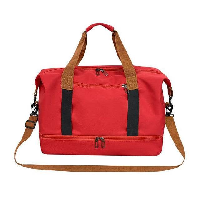 Red Large Capacity Travel Duffel Bag for Women with Yoga Mat Holder and Shoe Compartment Water Resistant Weekend Bag Ideal for Local Gym and Travel Use.