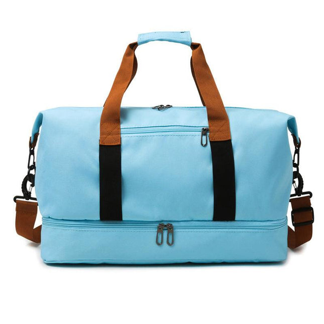 Sky blue Large Capacity Travel Duffel Bag for Women with Yoga Mat Holder and Shoe Compartment Water Resistant Weekend Bag Ideal for Local Gym and Travel Use.