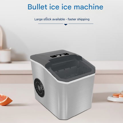 Black Portable Countertop Ice Maker with 12kg Daily Capacity Rapid Bullet Ice Production for Home Kitchen and Local Office Refreshment Needs.