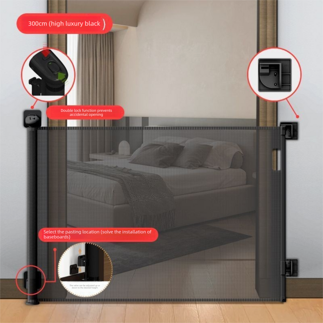 Black Retractable Baby Safety Gate and Pet Barrier Extra Wide 300cm for Stairs and Doorways No Drill Mesh In-Home Protection Solution for Local Families.