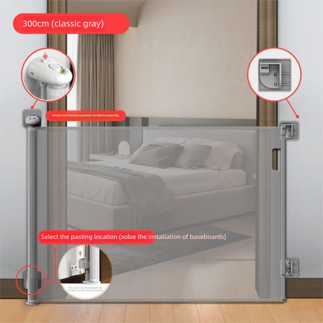 Grey Retractable Baby Safety Gate and Pet Barrier Extra Wide 300cm for Stairs and Doorways No Drill Mesh In-Home Protection Solution for Local Families.