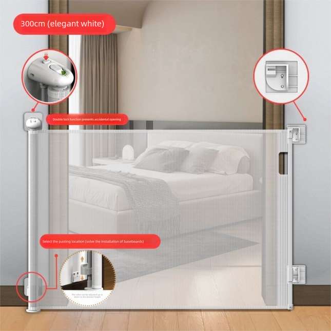 White Retractable Baby Safety Gate and Pet Barrier Extra Wide 300cm for Stairs and Doorways No Drill Mesh In-Home Protection Solution for Local Families.