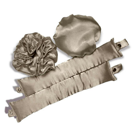 khaki Heatless Hair Curler Set with Satin Ribbon and Sleep Caps for Overnight Big Waves Easy Damage-Free Styling Solution for Local Women Professional Kit.