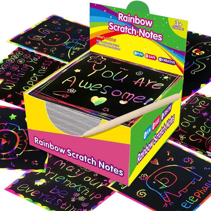 Green Rainbow Scratch Art Paper Notes 200 Sheets 2 Pack with Wooden Styluses for Kids DIY Drawing Mess-Free Creative Toy for Local Home and School Activities.