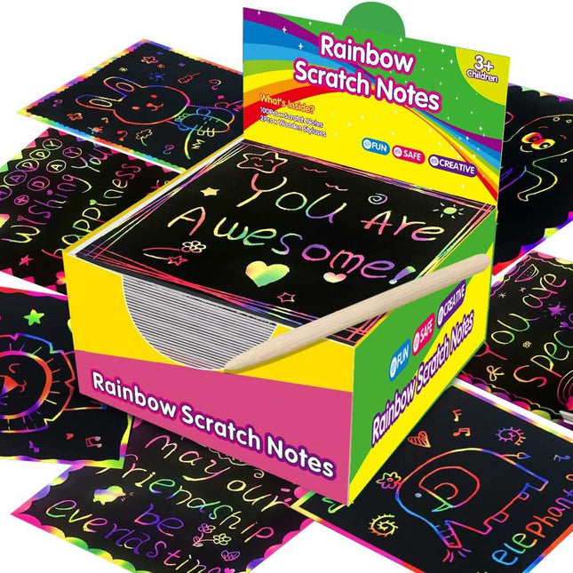 Green Rainbow Scratch Art Paper Notes 200 Sheets 2 Pack with Wooden Styluses for Kids DIY Drawing Mess-Free Creative Toy for Local Home and School Activities.