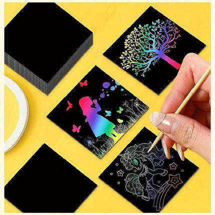 Green Rainbow Scratch Art Paper Notes 200 Sheets 2 Pack with Wooden Styluses for Kids DIY Drawing Mess-Free Creative Toy for Local Home and School Activities.